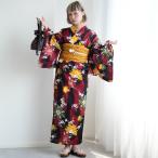 ショッピングゆかた 浴衣 レディース セット ニコアンティーク 高級変わり織 浴衣3点セット 赤と黒の立沸とレトロ花 フリーサイズ 浴衣セット（ゆかた・帯・下駄）レトロ