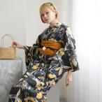 浴衣 レディース セット ニコアンティーク 高級変わり織 浴衣3点セット かすれアネモネ ブラック×マスタード フリーサイズ 浴衣セット(ゆかた・帯・下駄) ●