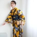 浴衣 レディース セット ニコアンティーク 高級変わり織 浴衣3点セット黄色と墨色の立沸とレトロ花 フリーサイズ 浴衣セット(ゆかた・帯・下駄)レトロ ●