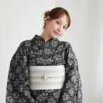 浴衣 セット レディース 綿麻×紅梅日本製小幅生地使用 浴衣3点セット 黒地に桐小紋 特選 フリーサイズ 浴衣セット(ゆかた・帯・下駄)レトロ 日本製