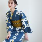浴衣 レディース セット utatane × 注染工房 特選 注染浴衣3点セット 赤坂紬 紺青に星の墨躍 フリーサイズ 日本製小幅生地使用 浴衣・帯・下駄 青 黄色