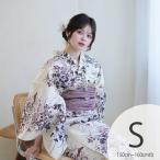 浴衣 セット レディース Sサイズ utatane 3点セット 浴衣/帯/下駄 ベージュ ラベンダー 萩 小菊 レトロ 小さい ベージュに薄紫の小さな萩と菊