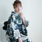 浴衣 レディース セット utatane セパレート 高級変わり織 二部式浴衣3点セット 鉄紺に牡丹唐草 フリーサイズ 浴衣セット(ゆかた上下・帯・下駄)レトロ ●