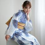 ショッピング浴衣 セット 浴衣 レディース セット 浴衣+作り帯2点セット 白地に紺の菊ぼかし コットン100％ フリーサイズ 浴衣セット（ゆかた・作り帯）ですぐお出かけ 古典 レトロ