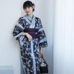 浴衣 レディース セット 高級変わり織 浴衣2点セット 墨と灰青ぼかし縞つゆくさ コットン100% フリーサイズ 浴衣セット(ゆかた・帯)古典 レトロ ●