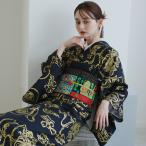 着物 単衣 レディース 洗える着物 単品 ニコアンティーク 風神雷神 ブラック レトロ ファブリック着物 黒 金 浮世絵風 街着 ひとえ カジュアル 日本製