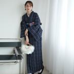 着物 袷着物 ブルー×ブラックのタータンチェック 洗える着物 きもの単品 秋 冬 カジュアル 女性 大人 レディース 着付け お稽古 Lサイズ ポリエステル着物