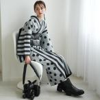 着物 ポリエステル 単品 utatane レトロ モダン モード ストライプ 半身 片身変わり 大粒ドットとモダン縞々 グレー×ブラック 国産 ちりめん風