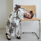 浴衣 子供 女の子 utatane kids 高級変わり織 子供浴衣3点セット オフホワイトに樺茶色の露芝ぼたん こども浴衣セット(ゆかた・帯・下駄)レトロ キッズ