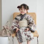 浴衣 子供 女の子 utatane kids 高級変わり織 子供浴衣3点セット ベージュにえんじの揺れる花 こども浴衣セット(ゆかた・帯・下駄)レトロ キッズ