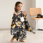 ショッピング浴衣 子供 浴衣 子供 女の子 ニコアンティーク kids 高級変わり織 子供浴衣3点セット かすれアネモネ ブラック×マスタード  こども浴衣セット ( ゆかた・帯・下駄 )