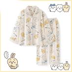 ちいかわ パジャマ ルームウェア  レディース ハチワレ ウサギ プリント 綿 前開き ロングパンツ 長袖 上下セット 部屋着 肌触り優しい 通気性 寝間着 秋 冬