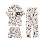 スヌーピー パジャマ レディース 綿100% 3点セット 寝巻き ホームウェア 半袖 前開き かわいい スヌーピープリント 短パンツ 長パンツ 吸汗通気 薄手 快適