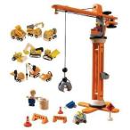 PlanToys Plan City Wooden Miniature Crane with Accessories, 11 Pieces