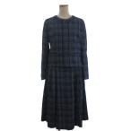 ショッピング古着 レリアン Leilian 美品 セットアップ スーツ ノーカラー フルジップ スカート ひざ丈 チェック 青 ブルー 11 メンズ