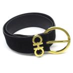 サルヴァトーレフェラガモ Salvatore Ferragamo ガンチーニ ヌバック レザー ベルト 黒 金 ブラック ゴールド レディース