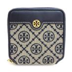 トリーバーチ TORY BURCH Tモノグラム 二つ折り財布 ラウンドファスナー ジャガード地 ベージュ系 レディース