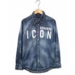 ディースクエアード ICON WESTERN DENIM SHIRT ダメージ ウォッシュ加工 ICON プリント 長袖 ウエスタン デニムシャツ 44(XS〜S)
