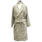 未使用品 フェンディ FENDI バスローブ ガウン ズッカ柄 ルームウェア ナイトウェア ロング パイル地 ロゴ 刺繍 F グレー 白 アイボリー メ