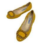 プラダ PRADA フラットシューズ バレエシューズ ラウンドトゥ エナメル バックル ギャザー 35.5 黄 イエロー レディース
