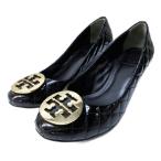 トリーバーチ TORY BURCH パンプス ロゴプレート エナメル レザー キルティング ウェッジソール 9M 約26cm 黒 ブラック IBO79