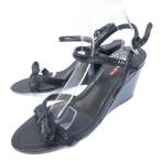 ショッピングプラダ プラダスポーツ PRADA SPORT リボン レザー サンダル ミュール ウェッジソール アンクルストラップ ブラック 36.5 約23.5cm 3X5204