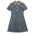 グッチ GUCCI フラワー エンブロイダリー デニム ワンピース ドレス カットソー インターロッキング 花柄 38 インディゴ レディース◆7