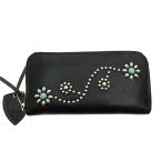 エイチティーシー HTC ZIPPER LARGE フラワー ターコイズ スタッズ ジッパー ウォレット ラウンドファスナー 長財布 125 黒 ブラック▲2510