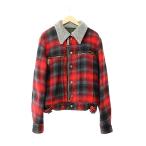 ドルチェ&ガッバーナ ドルガバ DOLCE&GABBANA ロゴプレート 襟ボア チェック柄 ウール ライダース ジャケット ブルゾン L 赤レッド●251031