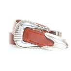 TORY 3-PIECE SILVER BUCKLE BELTS 3190 размер 32 кожаный ремень петелька серебряный пряжка Brown чай цвет [ бренд б/у одежда bektoru]*^26