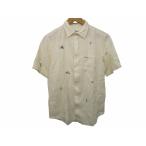 パパス Papas リネンシャツ ワイシャツ シルク混 刺繍 総柄 ボタンダウン ロゴボタン 半袖 アイボリー 黄色系 Sサイズ 0428  メンズ