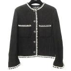シャネル CHANEL 美品 21P ノーカラー パイピング ジャケット 2021年クルーズ ココマークボタン フランス製 正規 34 黒 レディース