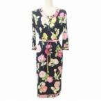 レオナール LEONARD 美品 花柄 七分袖 ワンピース ウエストリボン バックファスナー 日本製 Lサイズ 紺 ネイビー マルチカラー レディース