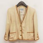 シャネル CHANEL ヴィンテージ シルク ノーカラー ジャケット ココマーク 金ボタン 40 ベージュ系 レディース