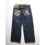 【中古】エヴィス EVISU YAMANE GUARANTEED ヤマネ バギー ワイド デニム パンツ ジーンズ 28x32 インディゴ ボタンフライ 戒ペイント ☆AA★ メンズ