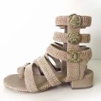 シャネル CHANEL 18C サンダル 希少 ギリシャライン ツイード グラディエーターサンダル ココマーク 35.5 C ベージュ 22.5cm 美品