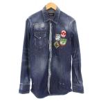 ショッピングディースクエアード ディースクエアード DSQUARED2 マルチワッペンデニムシャツ カジュアル 長袖 レギュラーカラー ロゴ ダメージ加工 USED加工 インディゴ