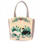 フェイラー FEILER SWAN LAKE スワンレイク ハンドバッグ フェイクスエード 切替 白鳥モチーフ F アイボリー グレー /BB レディース