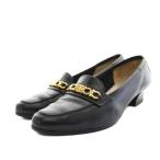 サルヴァトーレフェラガモ パンプス アーモンドトゥ チャンキーヒール レザー ガンチーニ 6.5 黒 ブラック ゴールド レディース