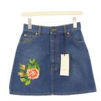 未使用品 グッチ GUCCI フラワー刺繍 デニムスカート 台形 ミニ 38 青 456973 /KH レディース