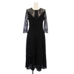 ザラ ベーシック ZARA BASIC フレアワンピース ミモレ ロング 七分袖 クルーネック レース 切替 刺繍 XS 黒 ブラック /BB レディース