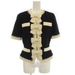 未使用品 グッチ GUCCI 半袖 ノーカラージャケット リボン ラインストーン 38 黒 ブラック 493637