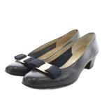 サルヴァトーレフェラガモ Salvatore Ferragamo ヴァラリボン パンプス アーモンドトゥ チャンキーヒール レザー 6 紺 ネイビー