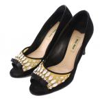 ショッピングMIUMIU ミュウミュウ miumiu パンプス オープントゥ アーモンドトゥ ハイヒール スエード リボン ビジュー 装飾 37 黒 ブラック /BB