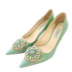 プラダ PRADA パンプス ポインテッドトゥ ハイヒール エナメル ビジュー 装飾 39 緑 グリーン /BB レディース