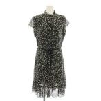 アナスイ ワンピース ひざ丈 バンドカラー 半袖 フレンチスリーブ 花柄 フリル リボンベルト 絹 シルク 4 黒 水色 54-01-5380 レディース