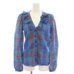 バレンシアガ BALENCIAGA 2009年製 シャツ ブラウス Vネック 長袖 チェック柄 フリル 麻 リネン 34 青 ブルー ピンク /YT レディース