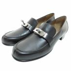 未使用品 エルメス HERMES 新品同様 KELLY ケリー ローファー モカシン レザーシューズ シルバーバックル 黒 ブラック 37 約24cm