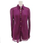 フェンディ FENDI シアー シルクシャツ ブラウス 40 長袖 ネックリボン ロゴ 金ボタン 紫 パープル /GV ■MNK2 レディース
