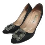 マノロブラニク MANOLO BLAHNIK ハンギシ パンプス ビジュー ラインストーン スクエア デザイン サテン ハイヒール 36 1/2 約23.5cm ■MNK2